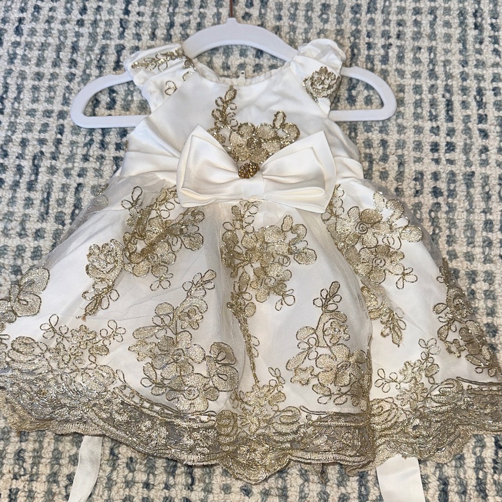 Elegant White & Gold Floral Bow Kids Dress